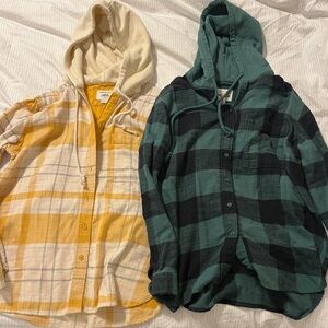 Yellow and White Plaid Hooded/ Green and Black Plaid Hooded Flannel bundle